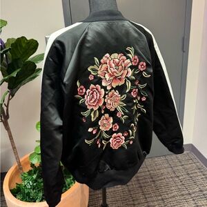 Flower Embroidered Satin Black Bomber Jacket